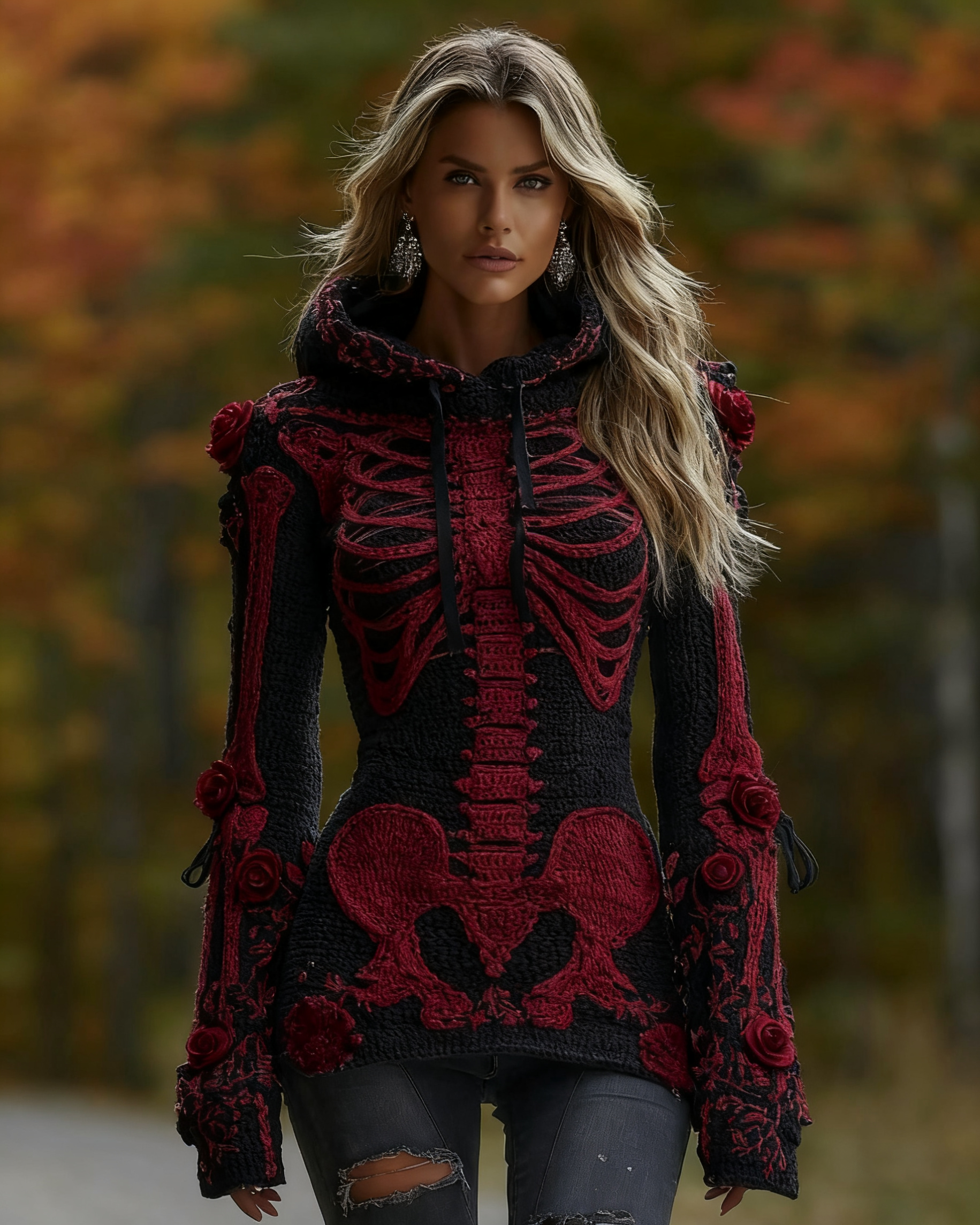 Women's Halloween Skeleton Bones With Roses Art Knitted Warm Hooded Sweater artswardrobe