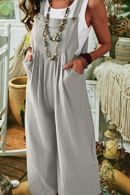 Color Sleeveless Pocket Wide Leg Side Button Jumpsuit