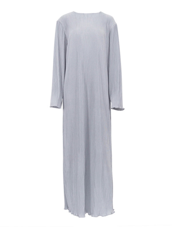 Long Sleeves Loose Pleated Color Round-neck Maxi Dresses
