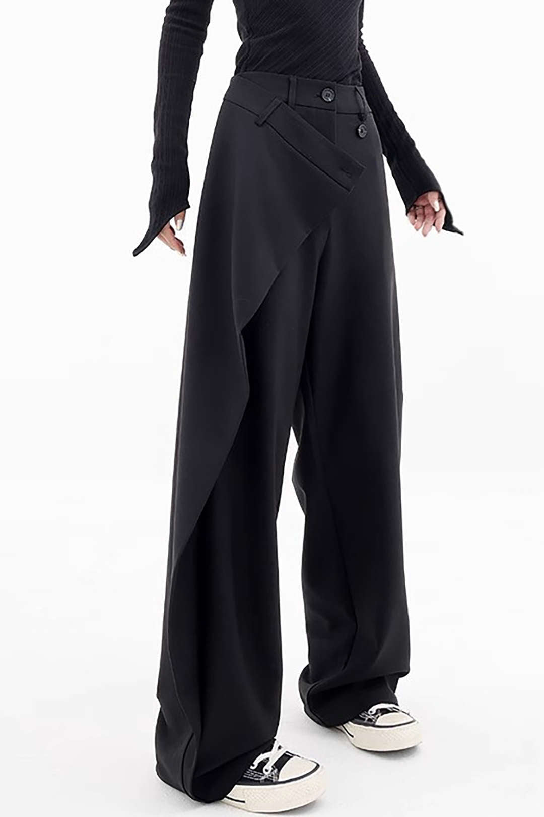 Black Draped Wrap Straight Leg Suit Pants