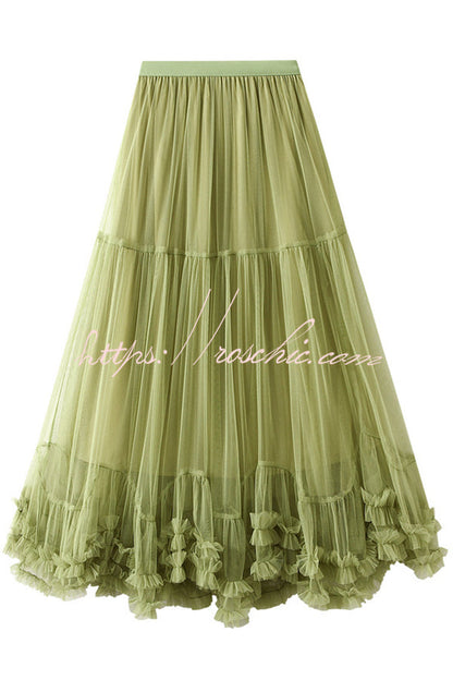 Tulle Stretch Waist Paneled Pleated Maxi Skirt
