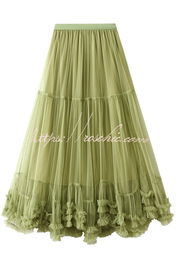 Tulle Stretch Waist Paneled Pleated Maxi Skirt