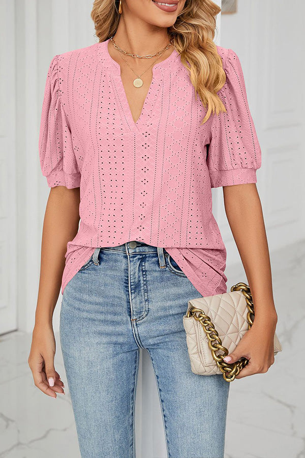 V-neck Color Hollow Puff Sleeve Loose T-shirt Top