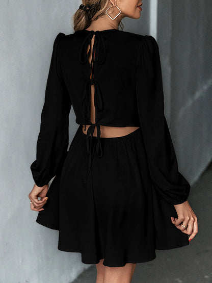 A-line Bishop Sleeve Backless Elasticity Hollow Pleated Color Tied Round-neck Mini Dresses