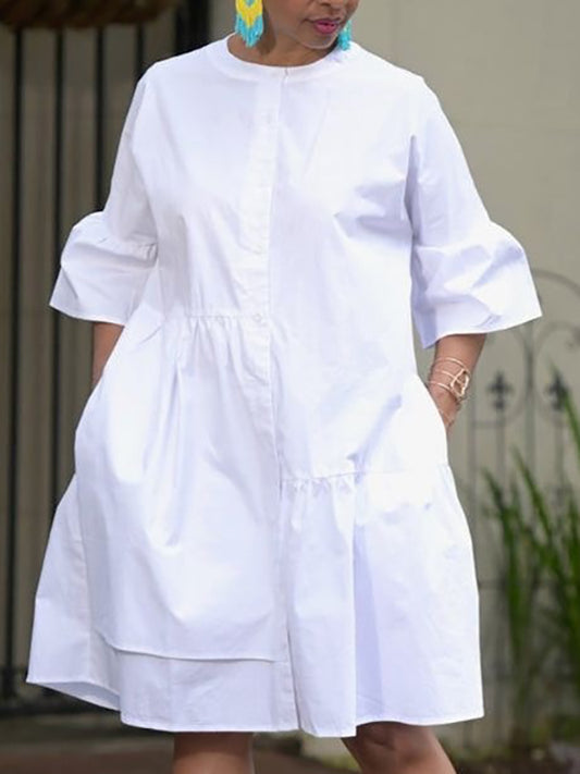 Loose Three-quarter Sleeves Asymmetric Buttoned Pleated Pockets Color Split-joint Round-neck Midi Dresses