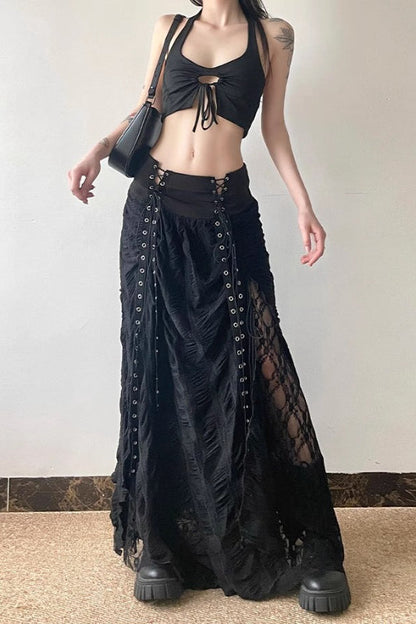 Y2k Goth Lace-up Paneled Patchwork Maxi Skirt