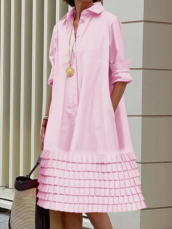 A-line Long Sleeves Layered Pleated Pockets Color Split-joint Lapel Midi Dresses Shirt Dress