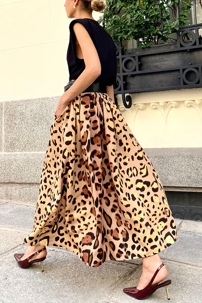 Stylish Leopard Print Large Hem Maxi Skirt