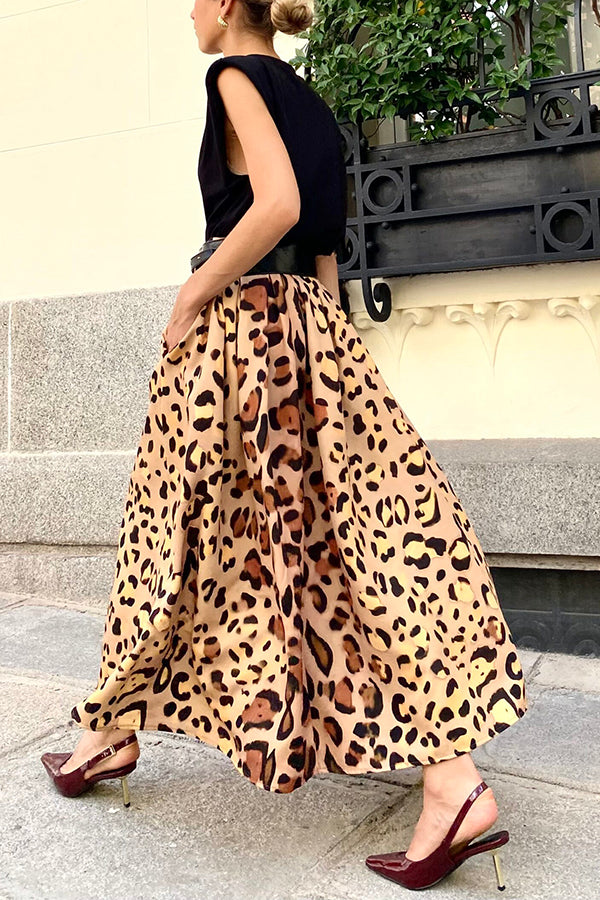 Stylish Leopard Print Large Hem Maxi Skirt