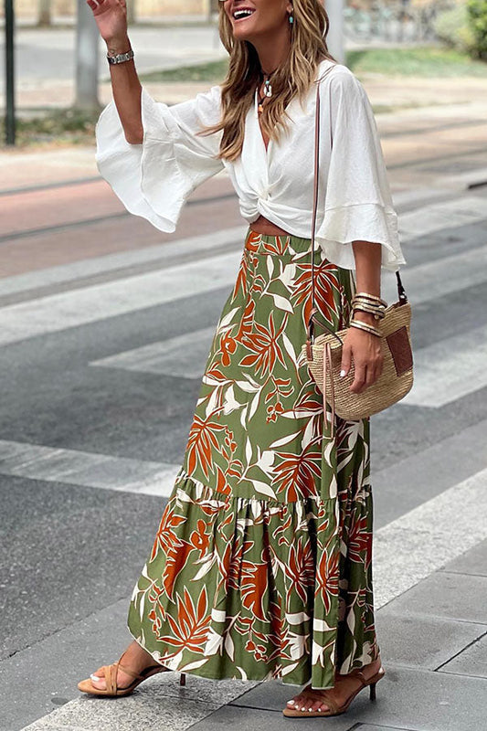 Flower and Leaf Pattern Retro Ah Pleated Skirt