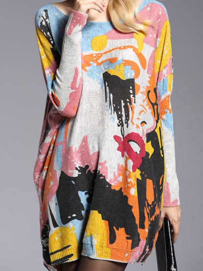 Wool Blend Contrast Color Printed Sweater