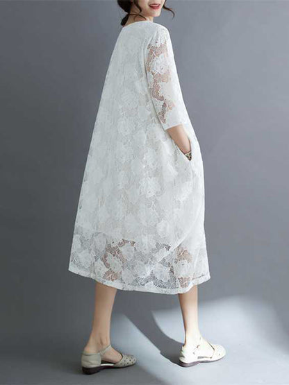 Half Sleeves Loose Hollow Color Round-neck Midi Dresses
