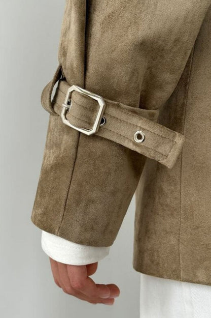 Suede Lapel Tie Waist Jacket Coat