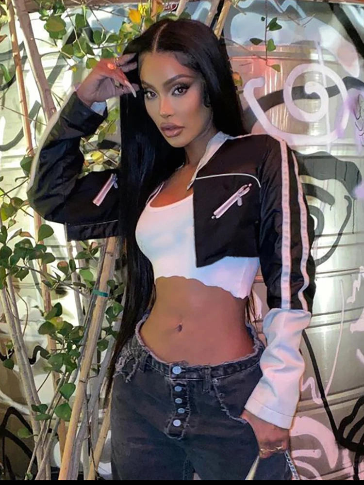 Pu Leather Jackets Coats Autumn Patchwork Long Sleeve High Street Cropped Jackets Motorcycle Y2k Tops