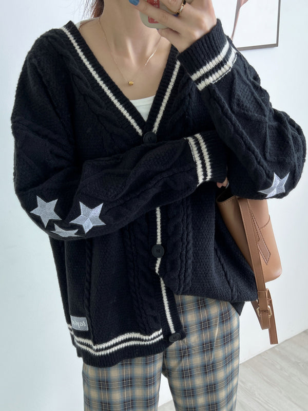 Oversized Cable Knit Cardigan With Star Embroider