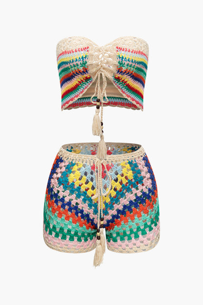 Rainbow Crochet Tie Front Tube Top & Shorts Set