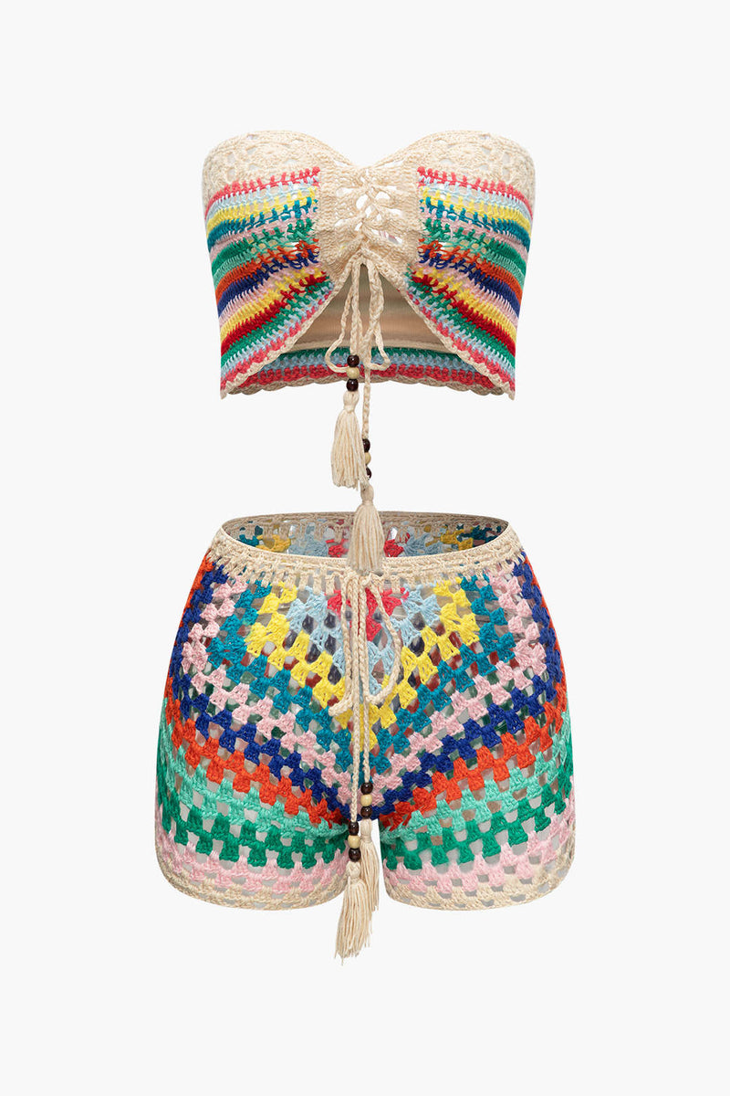 Rainbow Crochet Tie Front Tube Top & Shorts Set