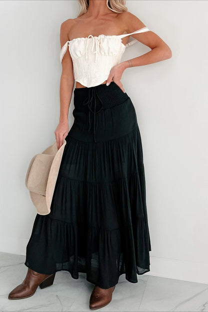 High Waisted Contrast Drawstring a Line Maxi Skirt