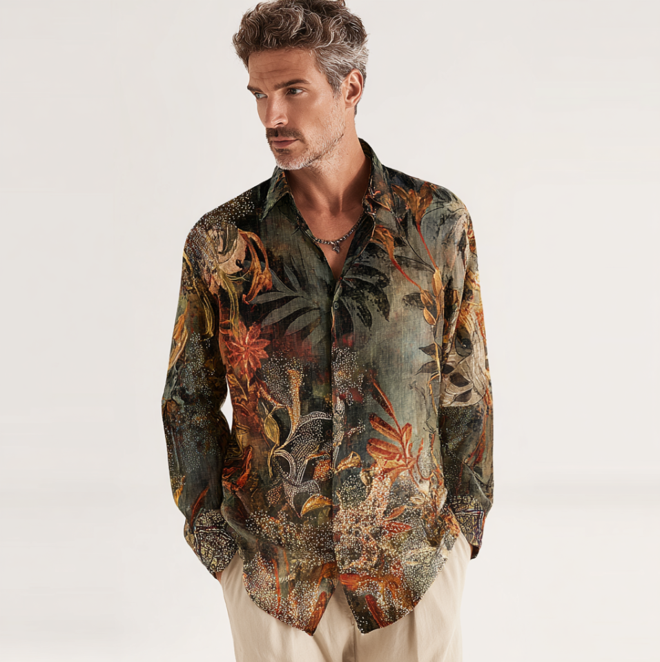 Bohemian Style Plant And Flower Pattern Men's Retro Cotton And Linen Shirt elevenforest
