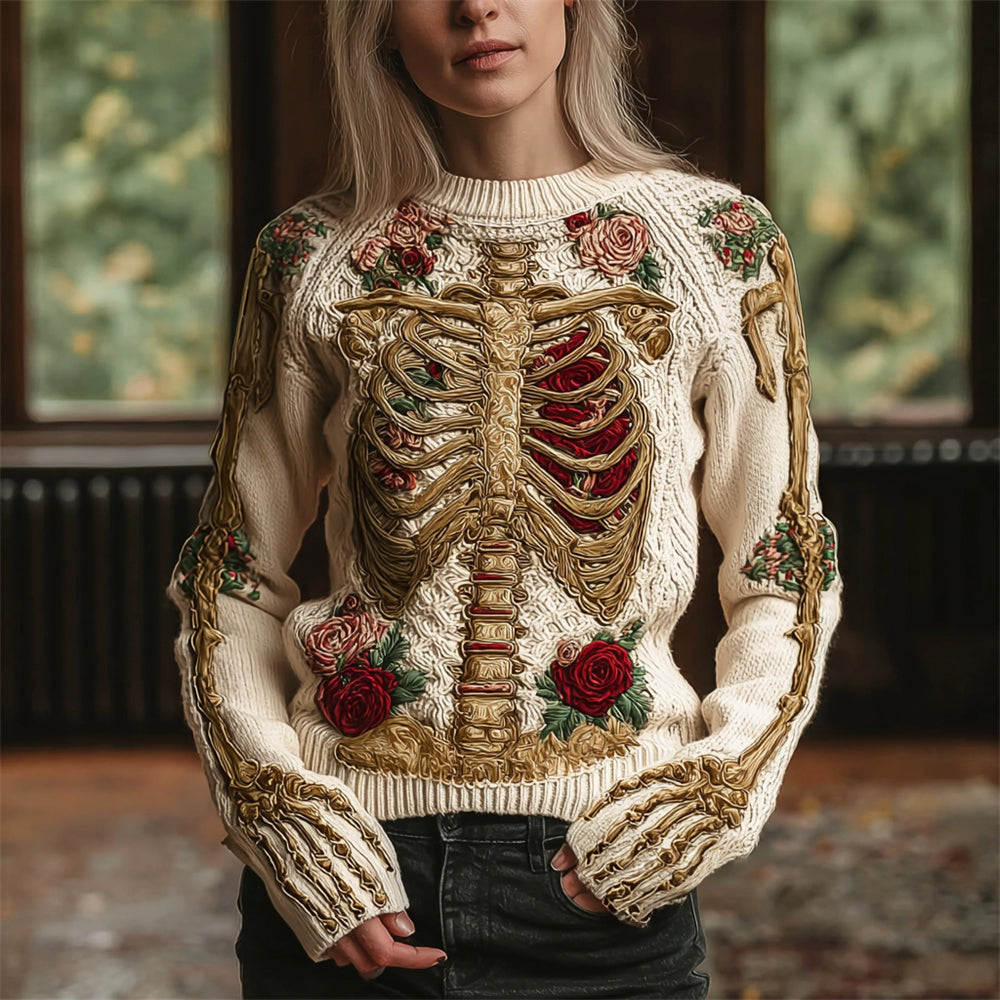 Comstylish Retro Skeleton & Floral Women's Crew Neck Knit Sweater