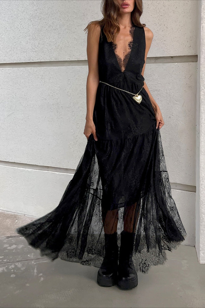 V Neck Loose Lace Maxi Dress