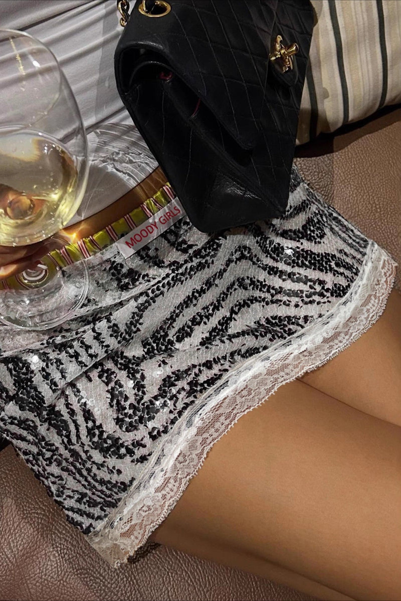 Zebra Sequin Lace Patchwork Bodycon Skirt
