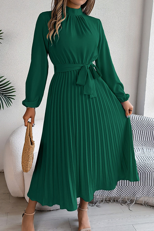 Stand-collar Long-sleeve Waisted Tie-up Pleated Midi Dress