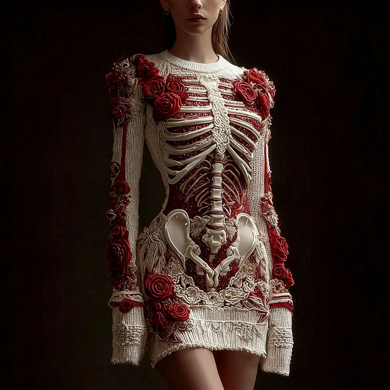 Comstylish Women's Halloween Skeleton Bones With Rose Art Cozy Knit Mini Sweater Dress
