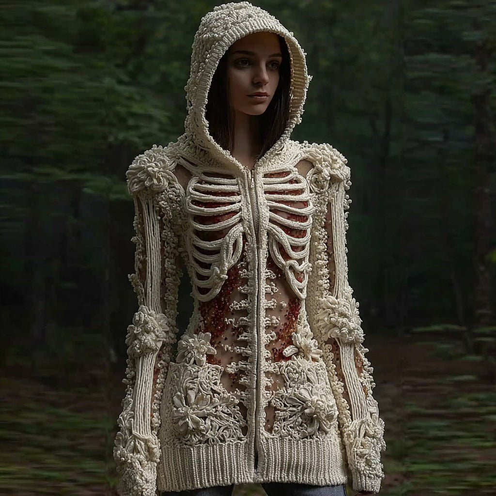 Comstylish Women's Halloween Sequined Skull Cozy Knit Zip-up Sweater