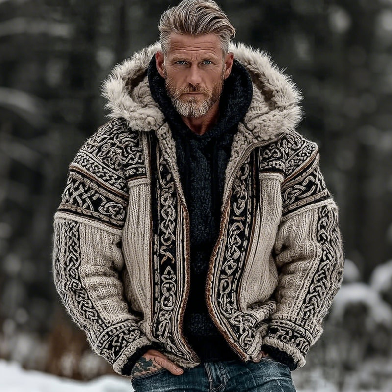 Men's Viking Celtic Knot Cozy Fur Hooded Cardigan elevenforest