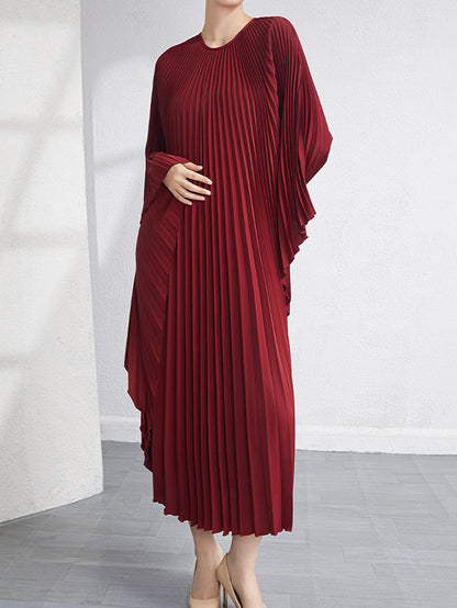 Urban Flared Batwing Sleeves Pleated Color Round-neck Midi Dresses