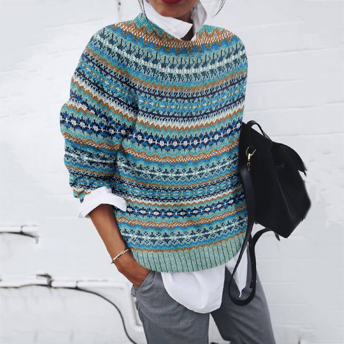 Vintage Geometric Jacquard Pattern Crew Neck Sweater elevenforest