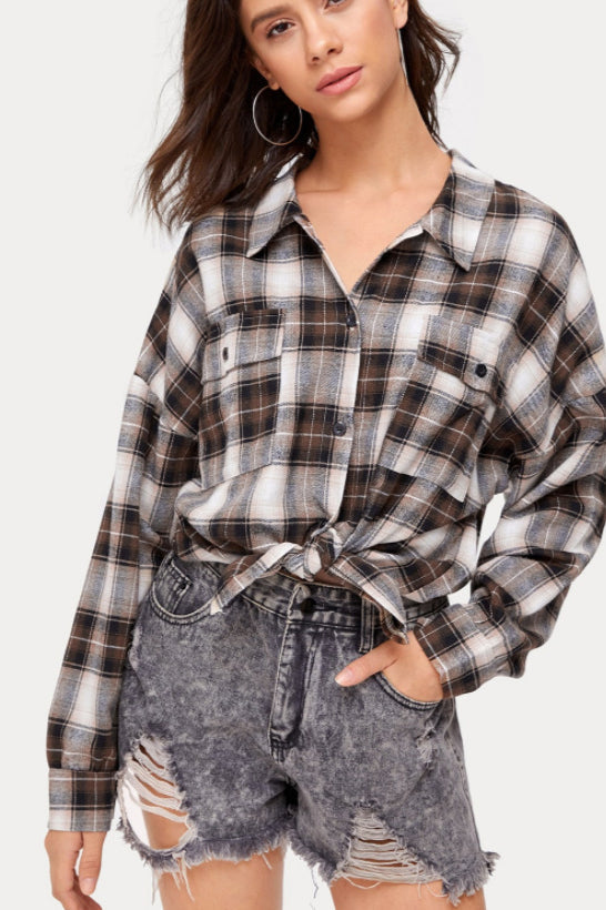 Plaid Stand Collar Button Shirt Blouse
