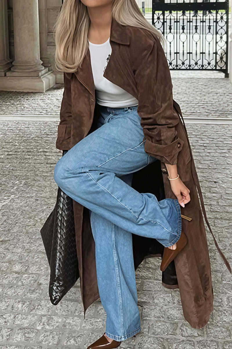 Double Breasted Tie Waist Long Overcoat