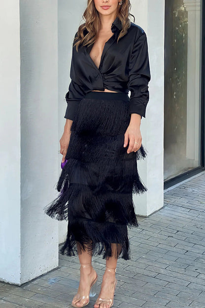 Color High Waist Elastic Waist Pleat Fringed Skirt