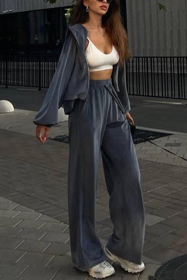 Velvet Zip-up Hooded Top and Elastic Waist Wide Leg Pants Set