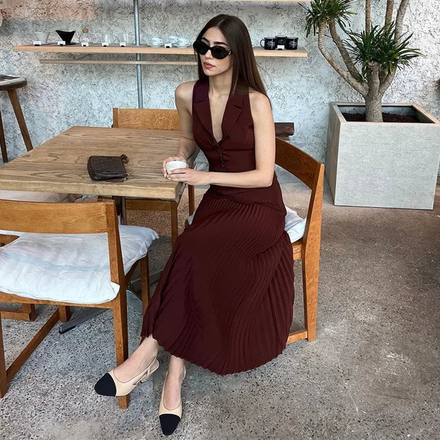 Trauxy Summer New Pleated Skirt Suit for Slim Sleeveless Short Vest Top Long Skirt High Waist Two Pieces Set