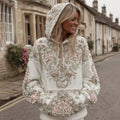 Women's Vintage Pink Flower Embroidery Art Long Sleeve Casual Hoodie elevenforest