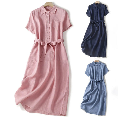 Elara Linen Midi Dress — Breathable Collared Dress With Adjustable Belt