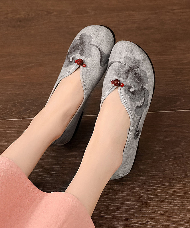 Grey Flats Comfy Cotton Fabric Embroideried Flat Feet Shoes