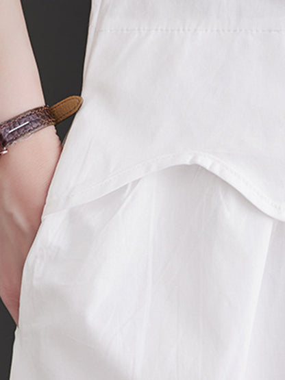 Loose Short Sleeves Elasticity Pleated Split-joint Lapel Midi Dresses
