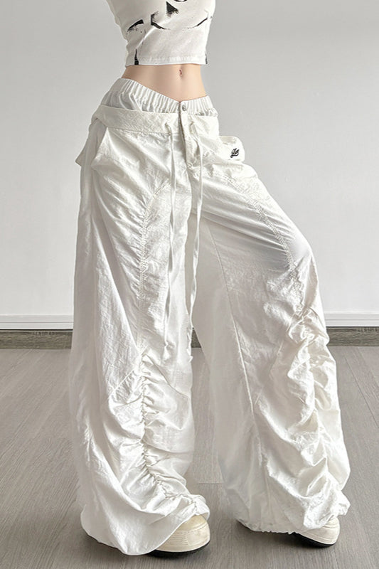 White Drawstring Wide-leg Cargo Pant