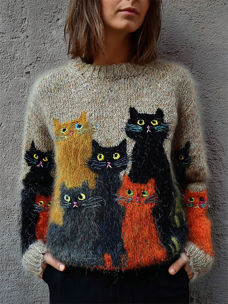 Comstylish Vintage Halloween Cats Fuzzy Cozy Knit Sweater