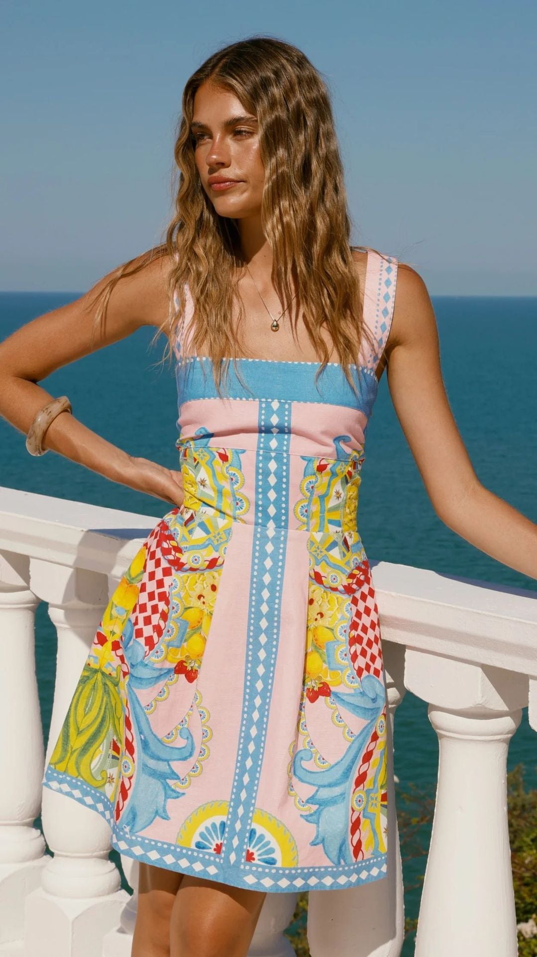 Unique Print Square Neck Sleeveless Pocket Mini Dress