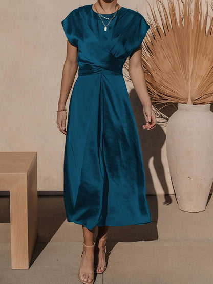 Loose Short Sleeves Color Split-joint Tied Waist Round-neck Midi Dresses