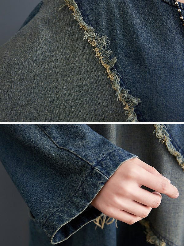 Original Loose Denim Contrast Color Round-neck Long Sleeves Midi Dress