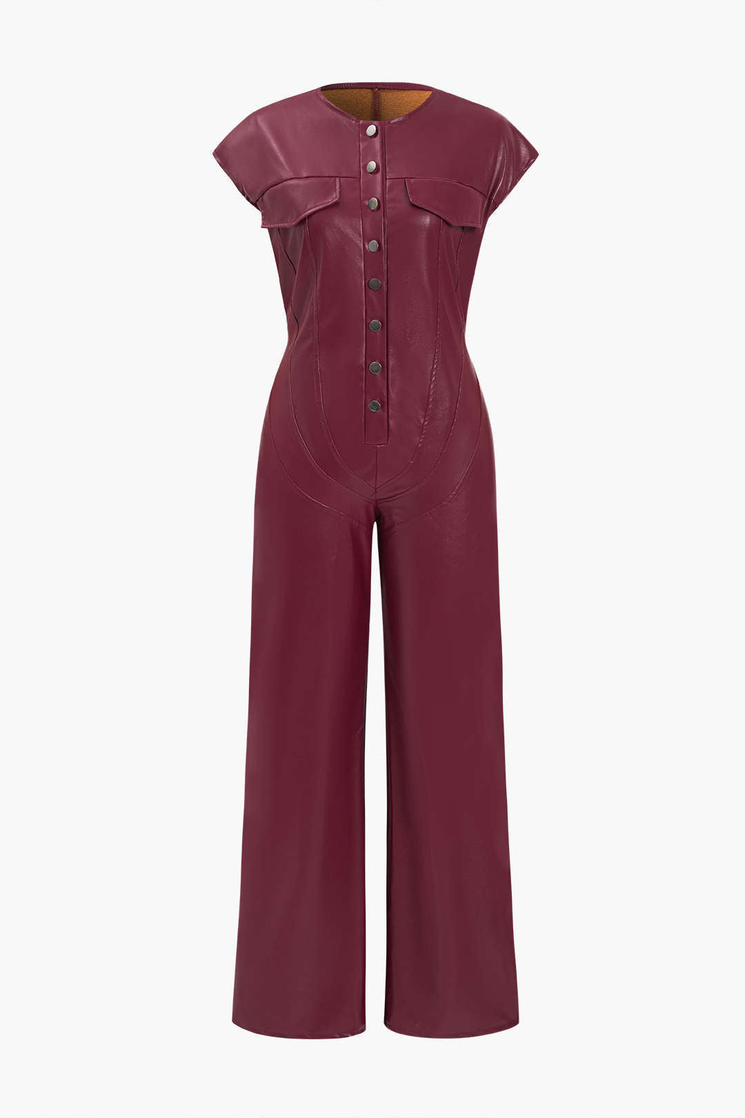 Color Faux Leather Button Jumpsuit