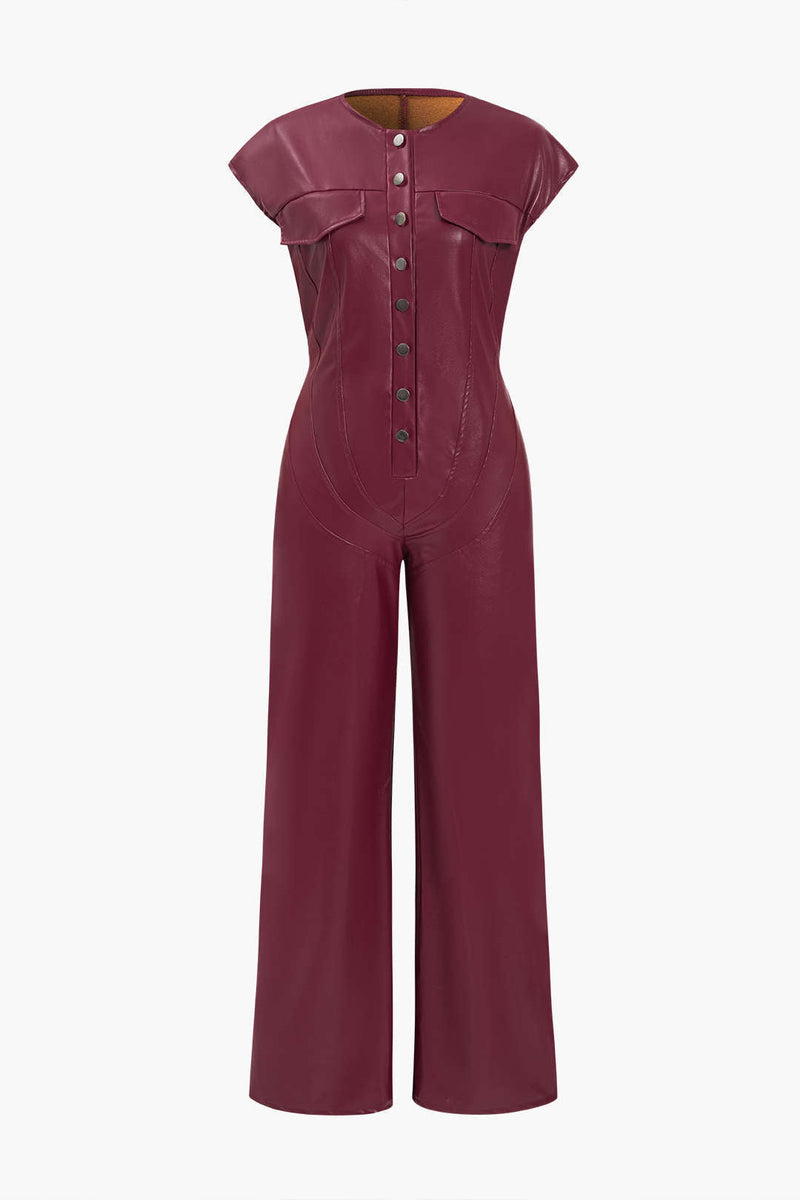 Color Faux Leather Button Jumpsuit