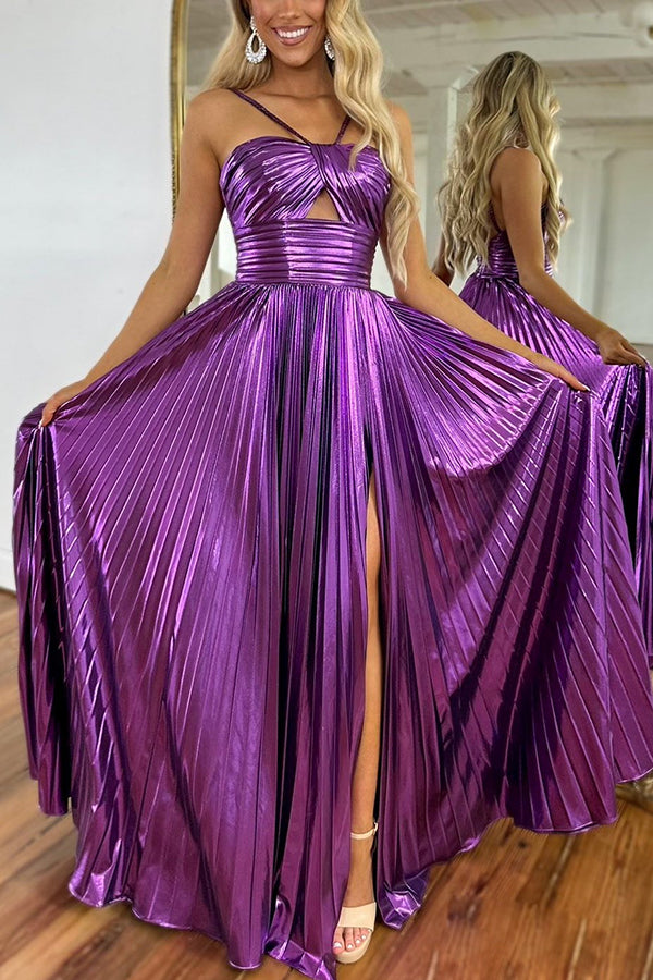 Queen Style Metal Fabric Suspender Strapless Party Hollow Out Pleated Long Skirt
