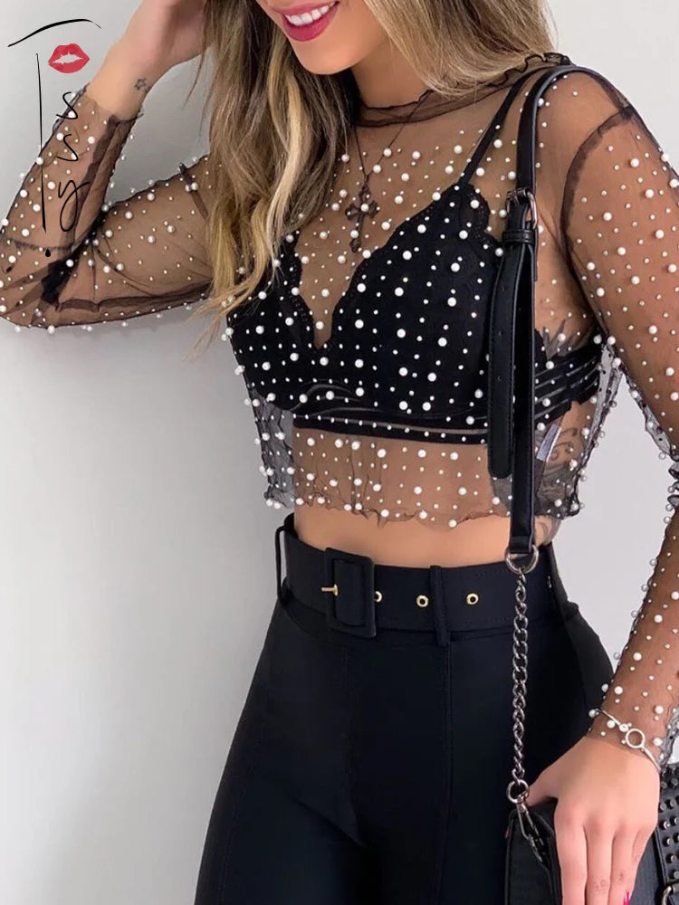 Crystal See Through Long Sleeve T-shirt Lace Night Party Club Cropped Top Lady Balck